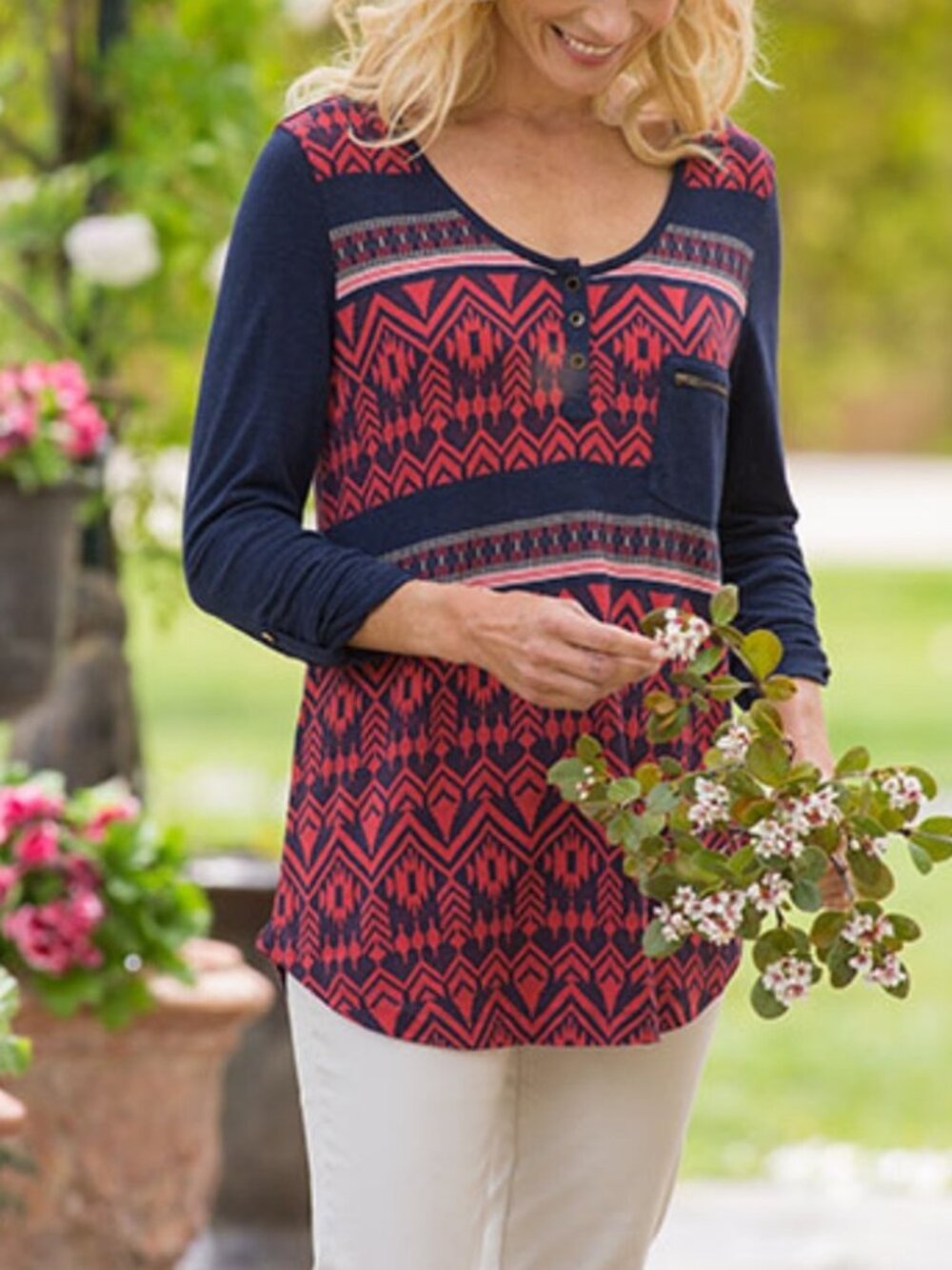Soft Surroundings Sumatra red blue long roll sleeve henley top